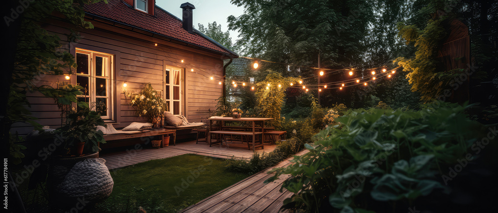 Summer evening on the patio of suburban house with garden,backyard forniture,lamp garland.Place for rest,party,tea drinking,reading books,breakfast.outdoors vacation concept.Interior design.Generative Summer evening on the patio of suburban house with garden,backyard forniture,lamp garland.Place for rest,party,tea drinking,reading books,breakfast.outdoors vacation concept.Interior design.Generative