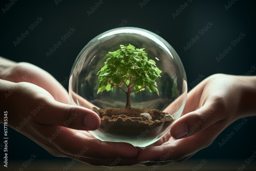 Hands holding growing tree on earth. Generative AI