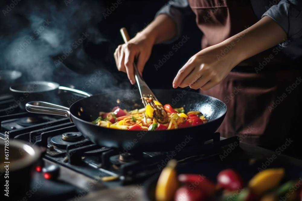 Woman preparing asian food in wok pan at home, close up Woman preparing asian food in wok pan at home, close up