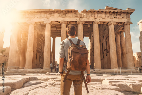 Tourist man with backpack at vacation in font of Ancient Ruins of iconic Greek landmarks such as the Parthenon in Athens