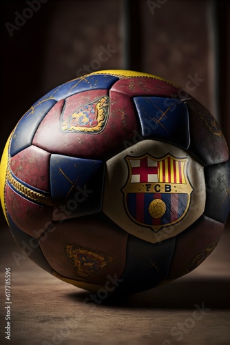 Barcelona FC as old soccer ball maroon blue and yellow colours realistic extremely ornate octane render Unreal Engine by Weta Digital by Wt FX by WLOP Cinematic Color Grading Editorial Photography 