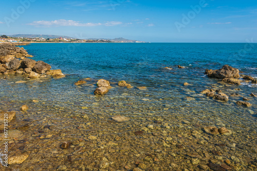 Panorama of Mediterranean Sea from San Leone Promenade, Agrigento, Sicily, Italy, Europe