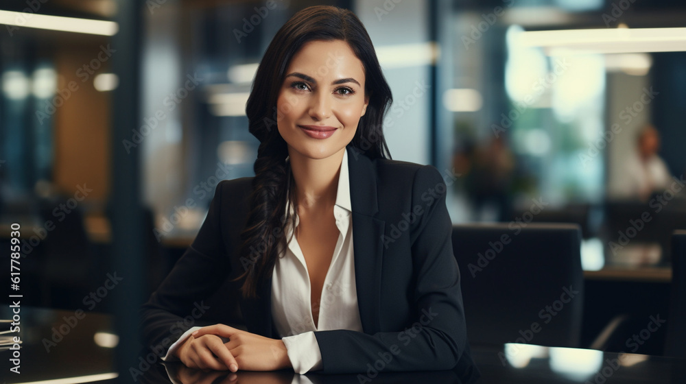 A stylish businesswoman in a power suit, confidently negotiating a deal at a boardroom table, radiating poise and professionalism Generative AI A stylish businesswoman in a power suit, confidently negotiating a deal at a boardroom table, radiating poise and professionalism Generative AI
