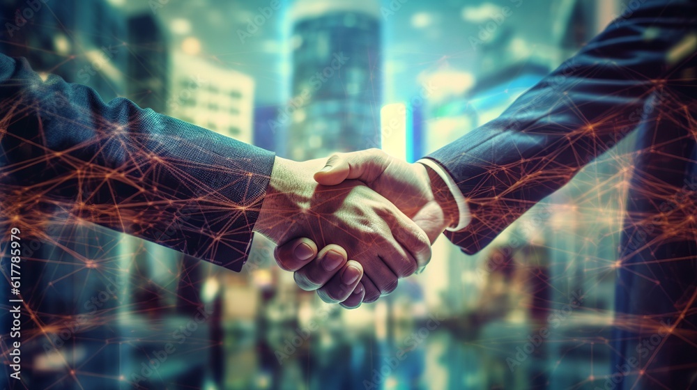 Double exposer image of businessman and investor handshake, Business handshake, Generative Ai