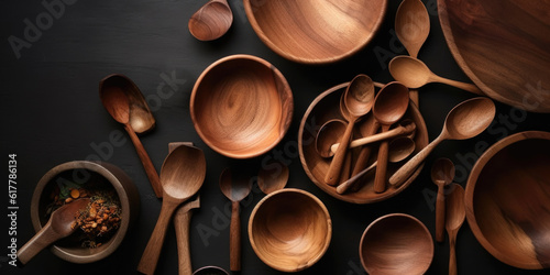 Different wooden wooden kitchenware on dark table