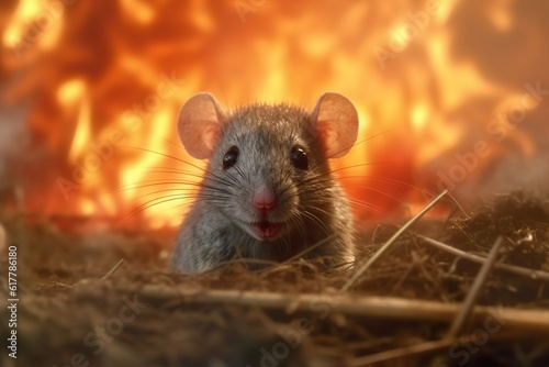 Scared mouse in the burning meadow. Climate change and drought catastrophe concept. Generative AI