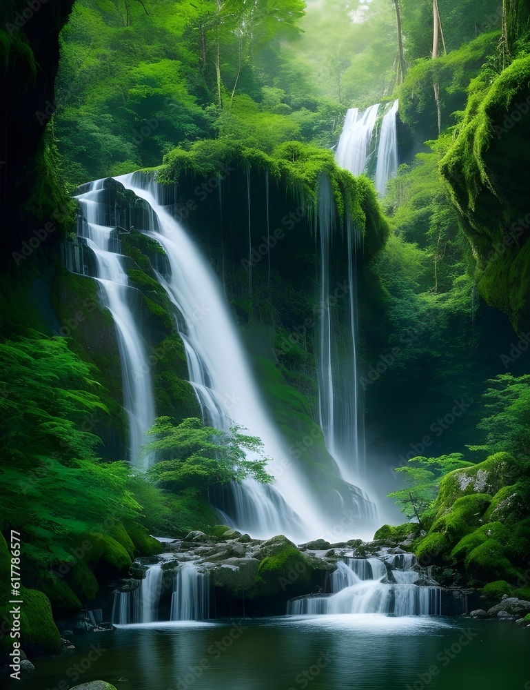 Naklejka premium majestic waterfall cascading down in a hidden forest, surrounded by lush