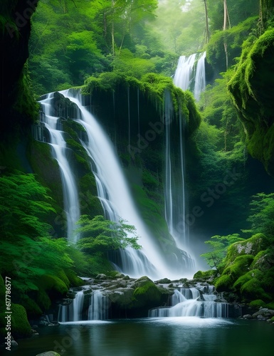 majestic waterfall cascading down in a hidden forest  surrounded by lush