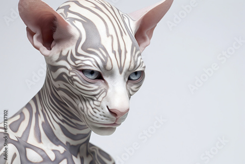 Portrait of male mixed with Sphynx cat with Maya body tattoo. AI generative
