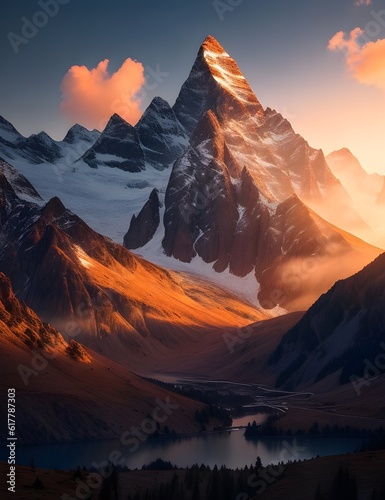 mountain range bathed in the warm glow of sunrise, with towering peaks, misty valleys