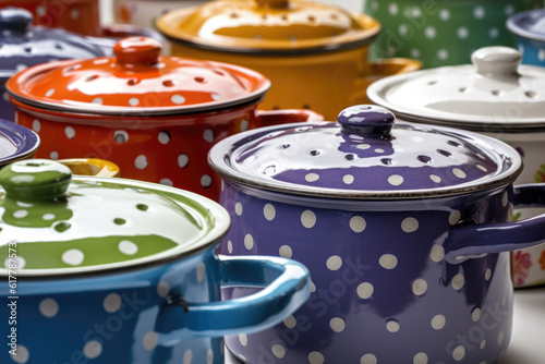  Colorful enamel cooking pots with dots photo