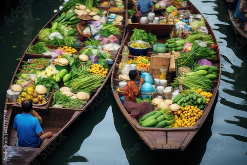 Floating market, Farmer go to sell organic products, fruits, vegetables. Generative AI © thawats
