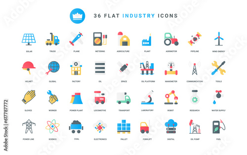 Oil and gas energy production, chemical manufacture and refinery factory, agriculture transport and solar panel, global laboratory research. Industry trendy flat icons set vector illustration