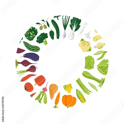 Gradient circle frame with vegetable mix. Veggies rainbow round border. Colorful agricultural concept background. Farm local organic products. Hand drawn flat vector illustration with copy space