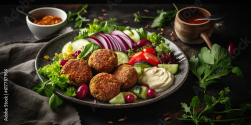 Delicious falafel balls on the plate, on dark background
