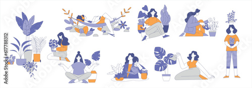 Happy Woman Character with Growing Plant Enjoying Rest Vector Set