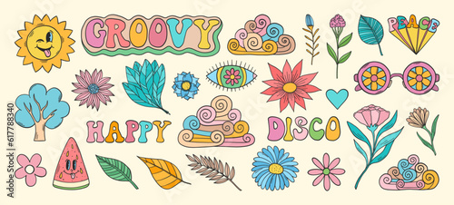 Groovy vector set. Hippie elements. 70s groovy hippie clipart. Retro groovy stickers. Psychedelic funky 60s 70s doodles. Retro cartoon tree, sun, clouds.