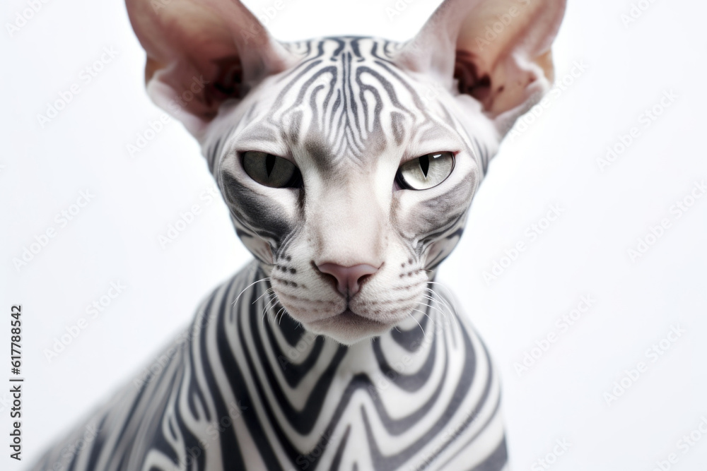 Closeup of Sphynx cat with zebra coloring. The concept of mimicry. AI generative