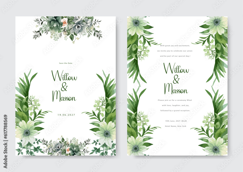 White flower floral vector elegant green leaves wedding invitation card template