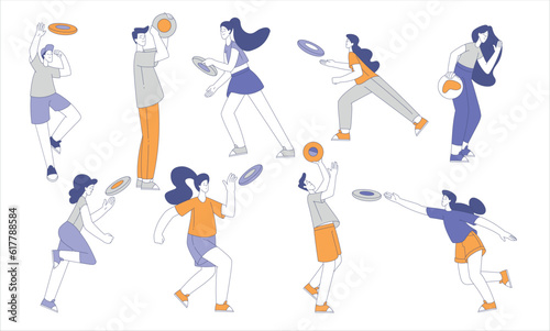 Happy Man and Woman Character Playing Frisbee Throwing or Catching Flying Disc Vector Illustration Set