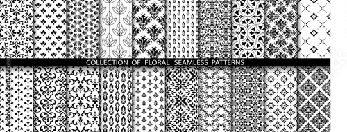 Geometric floral set of seamless patterns. White and black vector backgrounds. Damask graphic ornaments.