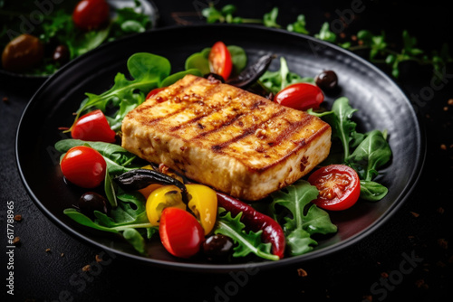 Grilled tofu on a plate with fresh salad, tomatoes and olives on the black background