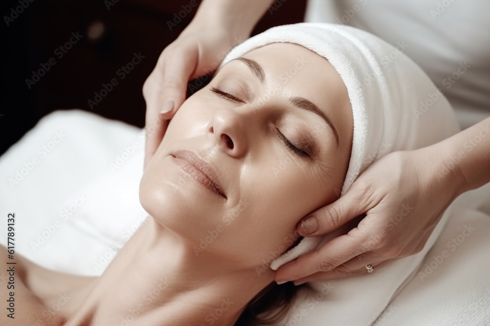Woman enjoying anti-age  face massage at the beauty salon