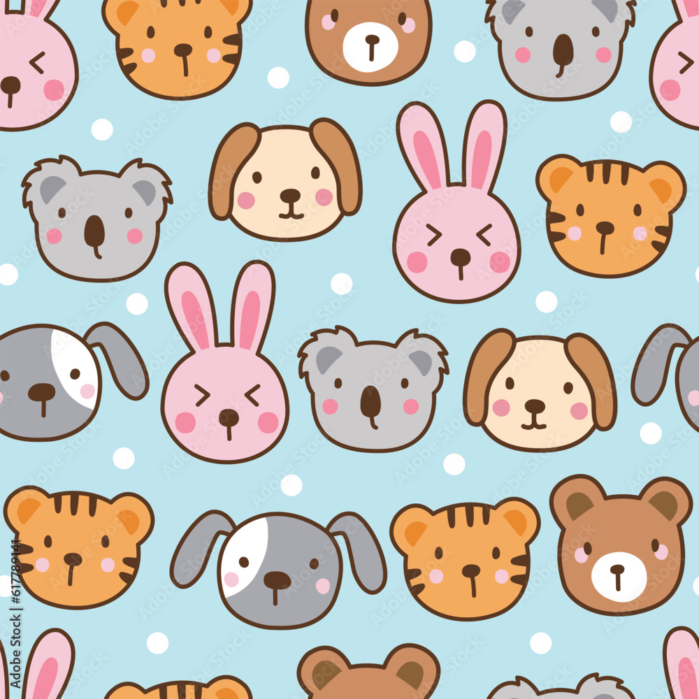 Delight in the charming world of adorable animals with this cute hand-drawn seamless pattern. Featuring bears, rabbits, tigers, and dogs in a vibrant and playful flat style.