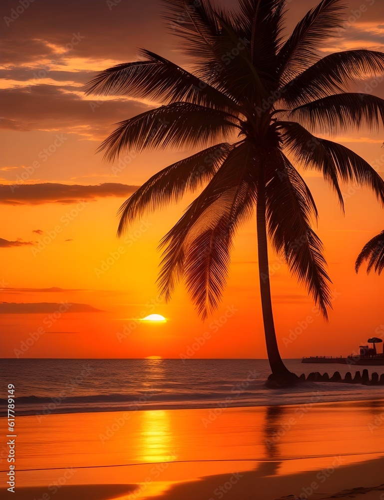 beach at sunset, with palm trees silhouetted against the warm hues of the sky
