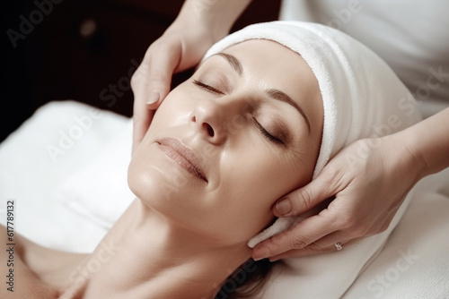 Woman enjoying anti-age face massage at the beauty salon