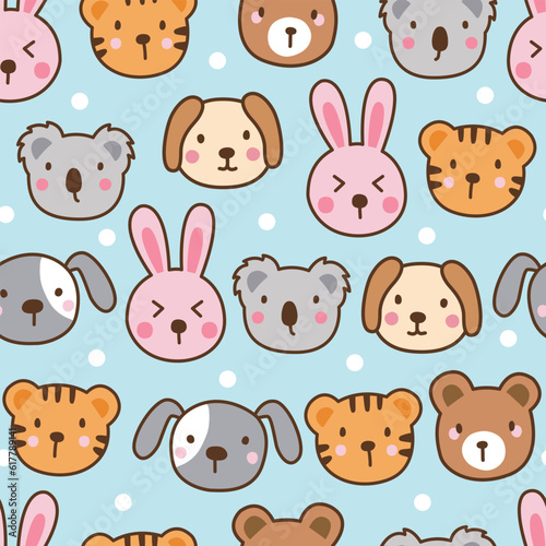 Delight in the charming world of adorable animals with this cute hand-drawn seamless pattern. Featuring bears, rabbits, tigers, and dogs in a vibrant and playful flat style.