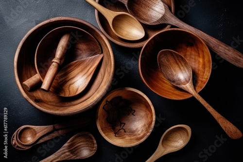 Different wooden wooden kitchenware on dark table