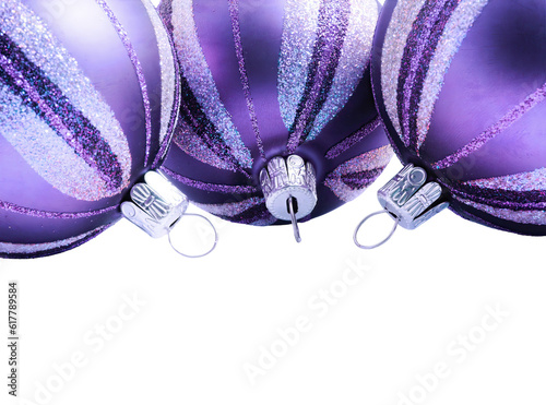 Purple glitter christmas baubles isolated with copy space png file