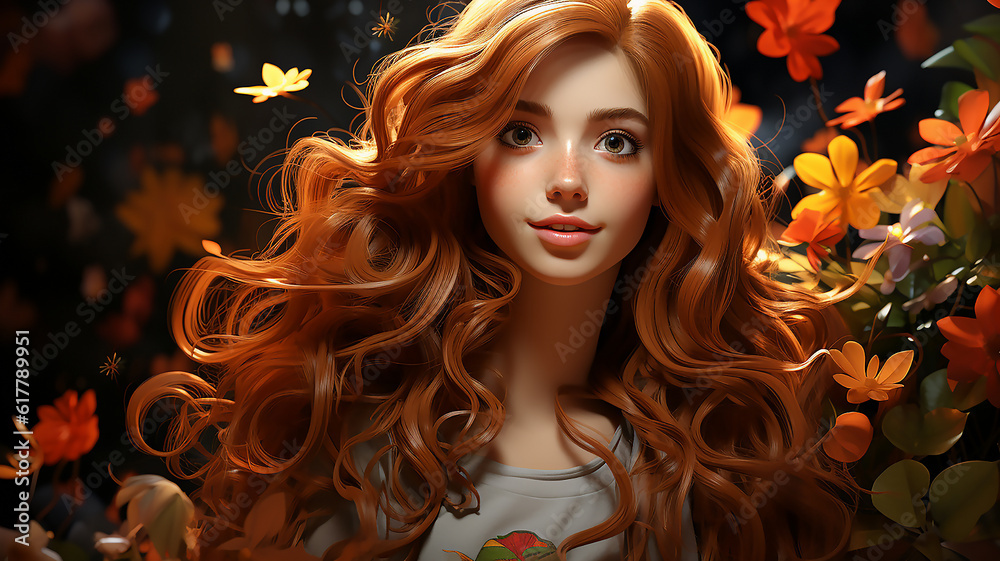 young girl with long red hair, Cartoon girl smiling with dreamy expression. 3d, generative AI tools young girl with long red hair, Cartoon girl smiling with dreamy expression. 3d, generative AI tools