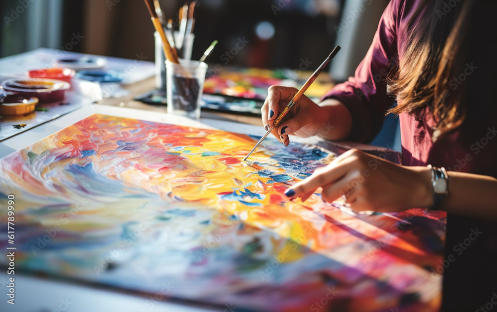 Obraz premium Young woman painting an artwork, practicing her hobby created with Generative AI technology