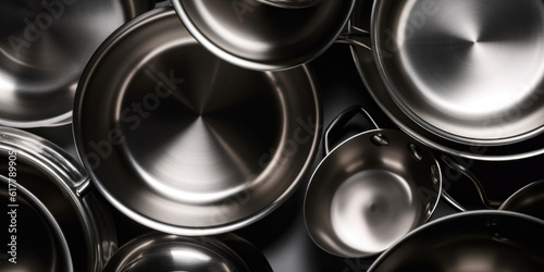 Inox cooking pans and pots, top view 