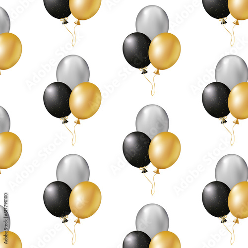 Seamless pattern with gold, silver, black balloons. Royal texture for textile printing, scrapbooking, baby shower,pajamas print, wrapping paper. Birthday, invitation, greetings.
