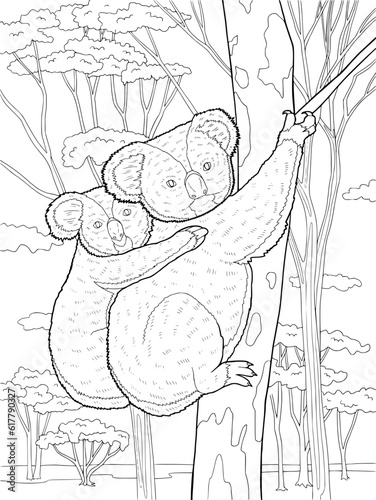Color page with koala on the tree