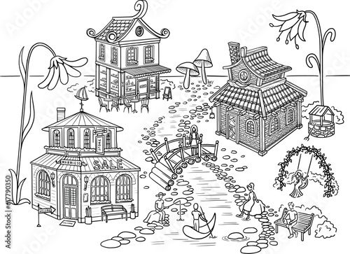 Black and white coloring book page with fairy tale elf village, with different houses, flowers and landscape