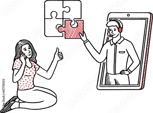 support service, concept, people help to solve the problem on a smartphone