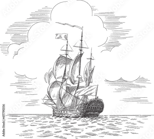 Old ship in the sea, sketch