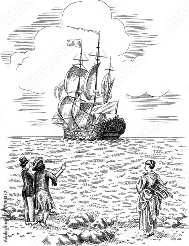 Sailing vessel sketch, vintage art poster, black and white, Vector illustration of historical ship and people