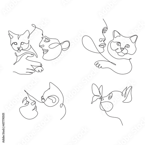 Woman with her pet cat line art vector illustration isolated.  Pet owner hugs cat with love. Friendship between human and cat