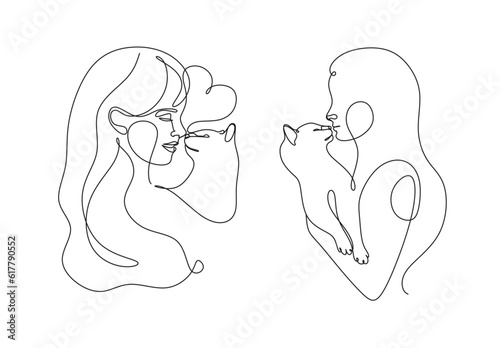 Woman with her pet cat line art vector illustration isolated.  Pet owner hugs cat with love. Friendship between human and cat