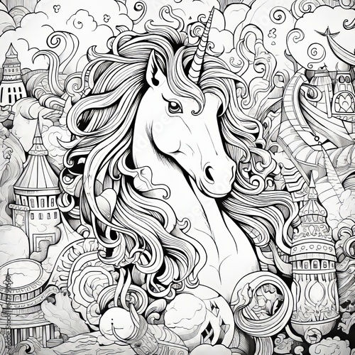 Children's coloring with a unicorn, black and white graphics with a curly pattern. The development of motor skills of children with drawings. Generative AI  © PRO Neuro architect