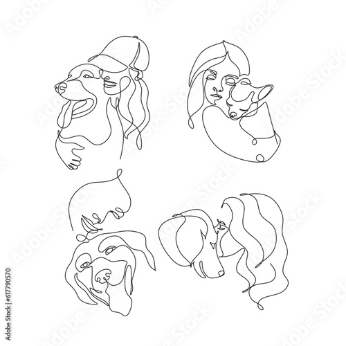 Vector illustration line art girl and dog hugging together. Friendship between human and dog
