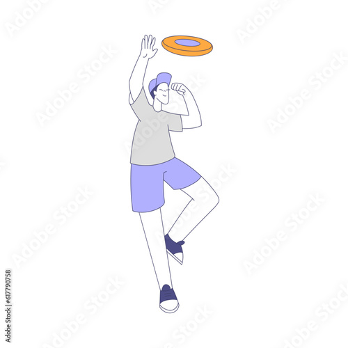 Happy Man Character Playing Frisbee Throwing or Catching Flying Disc Vector Illustration