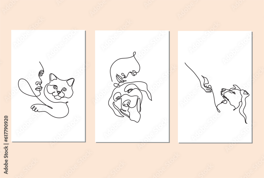 Friendships between humans and animals in line art style vector. Cat or dog with human continuous line minimalist logo. 