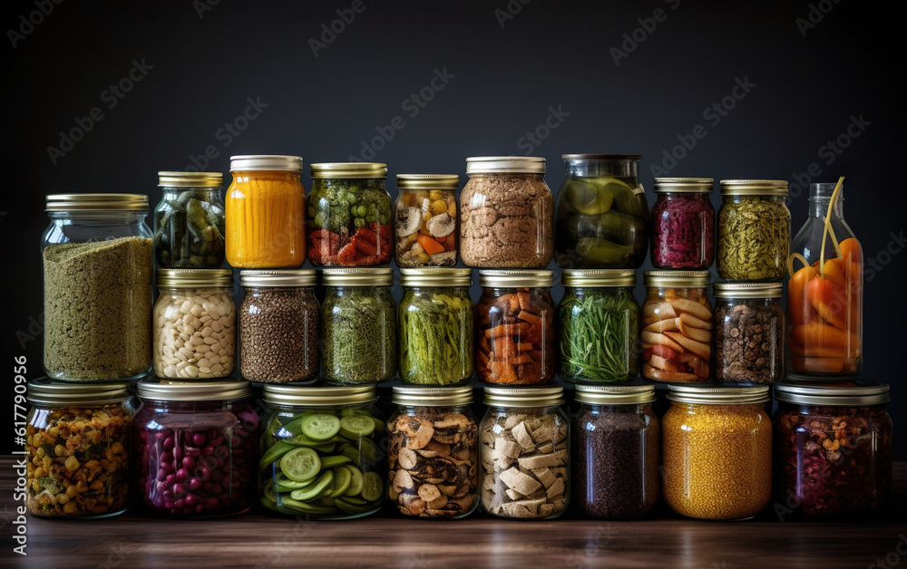 Reusable containers and jars filled with food items created with Generative AI technology Reusable containers and jars filled with food items created with Generative AI technology