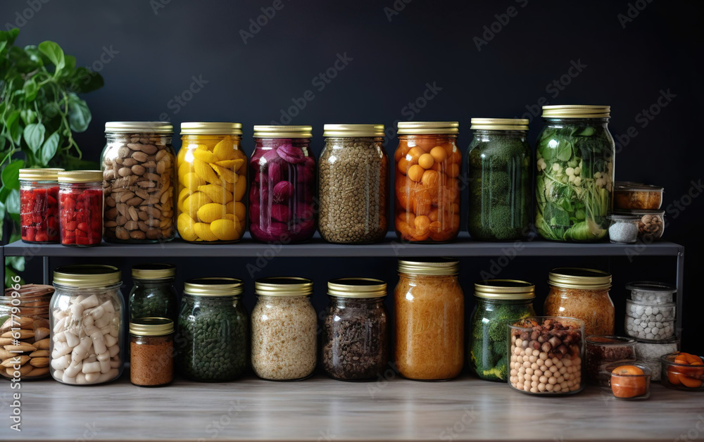 Reusable containers and jars filled with food items created with Generative AI technology Reusable containers and jars filled with food items created with Generative AI technology